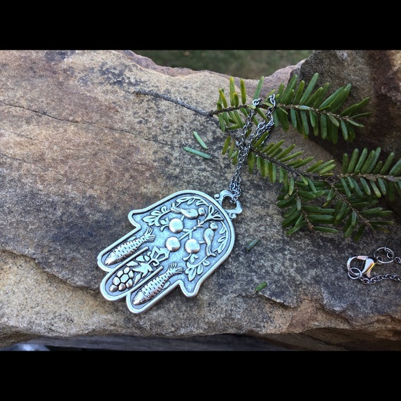 Silver hamsa evil eye necklace stainless steel handmade tribal boho bohemian - Picture 2 of 3